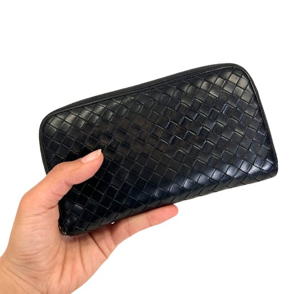 Authentic Bottega Veneta Wallet Long Round Fastener Intrecciato Black Vintage - Picture 3 of 11